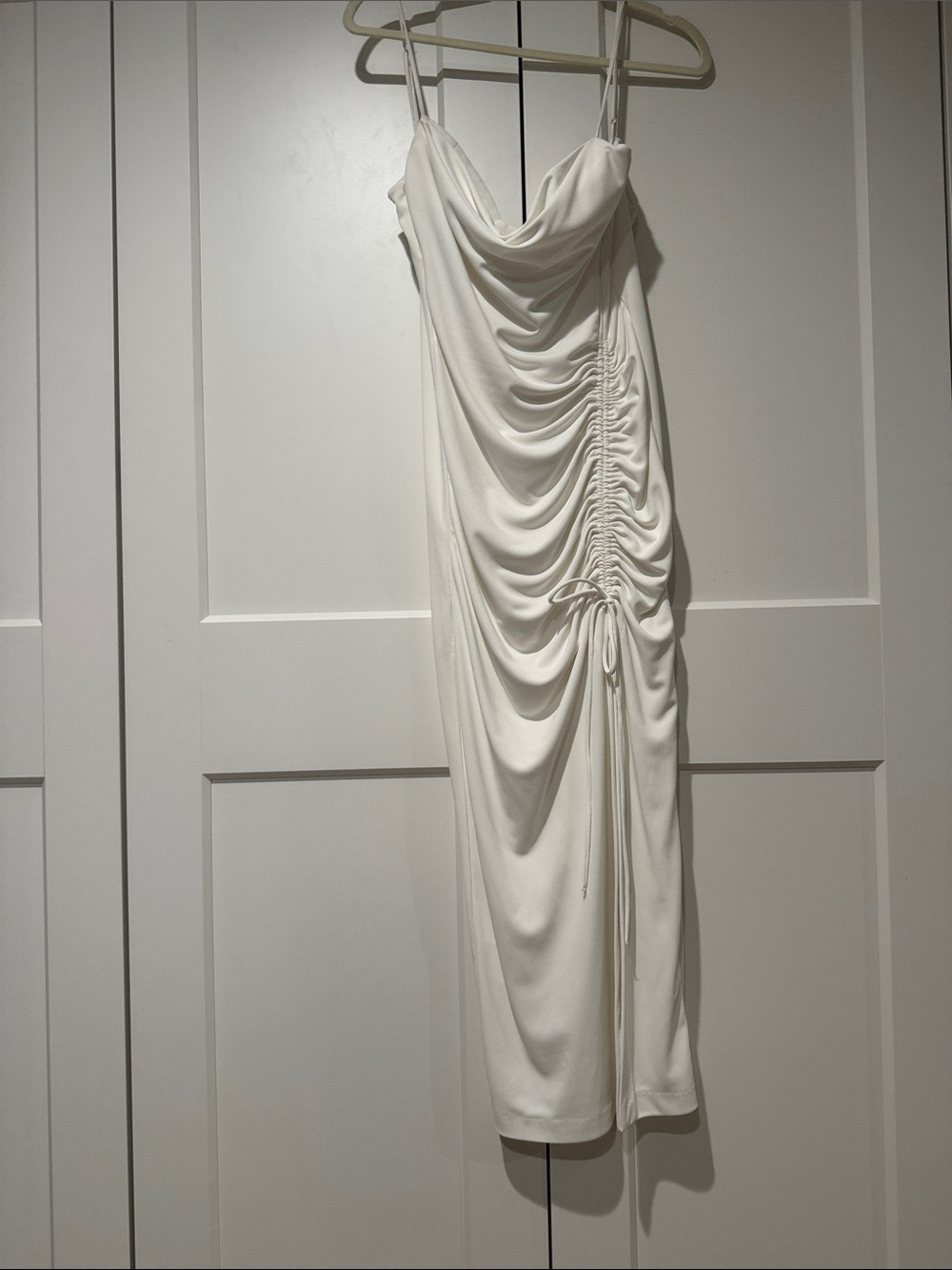 Zara Cream Ruched Midi Slip Dress with Cowl Neck